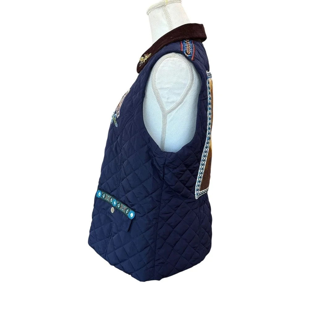 Lesal Upcycled Quilted Vest Navy Blue Vintage‎ Needlepoint Owl Bee Beaded M L
